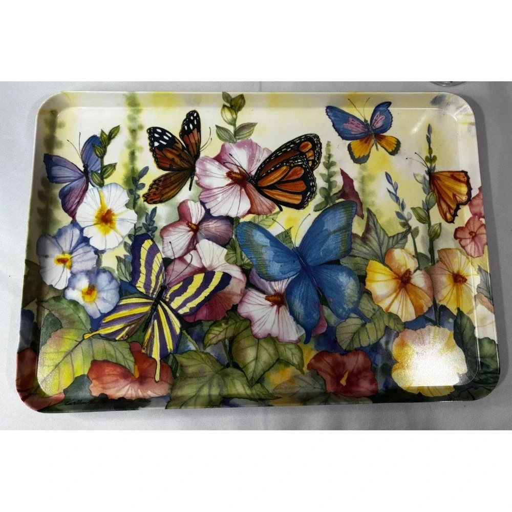 1998 KATHLEEN PARR MCKENNA SERVING TRAY, PITCHER, CUPS- FLOWERS‎ BUTTERFLY